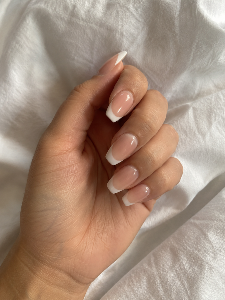 Milky white French tip nails on coffin shaped gel manicure with sheer nude base