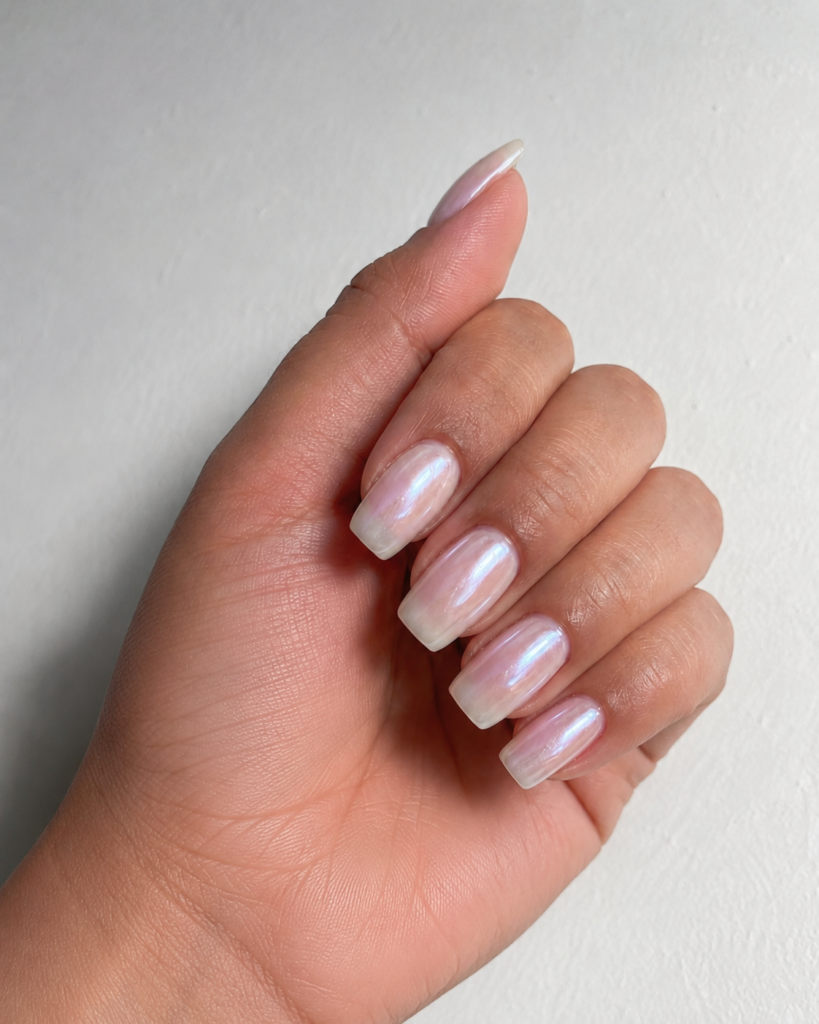Pearlescent white pink shimmer nails on coffin shaped gel manicure