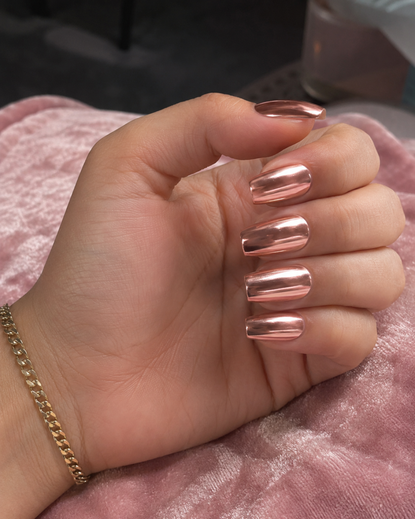 Rose gold chrome metallic nails on coffin shaped gel manicure
