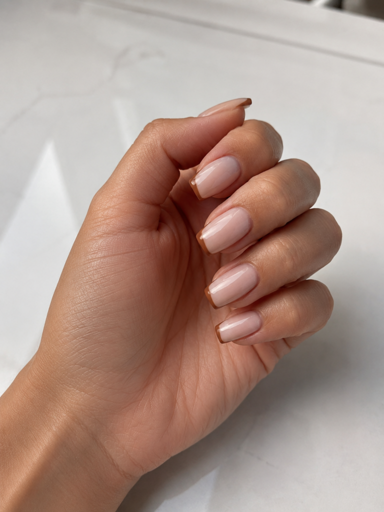 Nude nails with thin caramel brown single line French tip