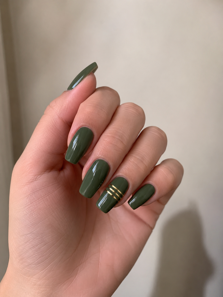 Sage green nails with thin gold stripe accent nail design