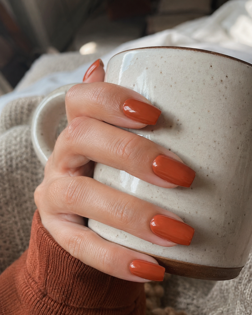 Earthy warm terracotta orange brown nails on coffin shaped gel manicure