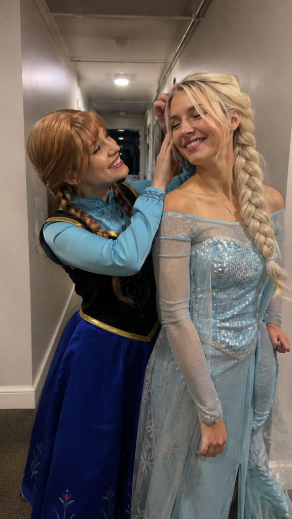 Two sisters in an icy blue gown and a green-and-teal dress with braids, Anna and Elsa Disney Halloween costume
