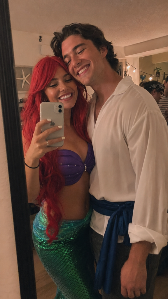 Couple with a red-haired mermaid in a green skirt and a man in a white shirt, Ariel and Eric Disney Halloween costume
