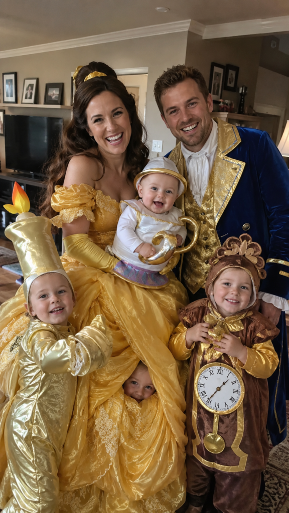 Family in a yellow ballgown, blue prince jacket, and enchanted-object costumes, Beauty and the Beast Disney Halloween costume