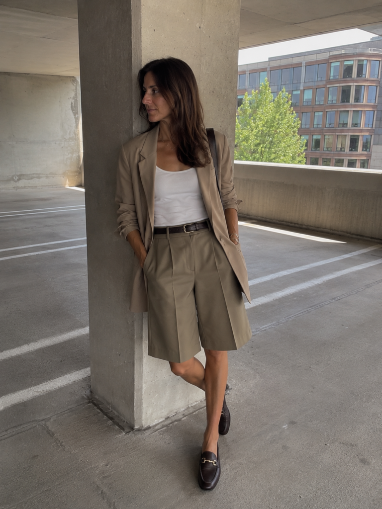 Woman in khaki Bermuda shorts and an oversized beige blazer in a parking garage, summer work outfit