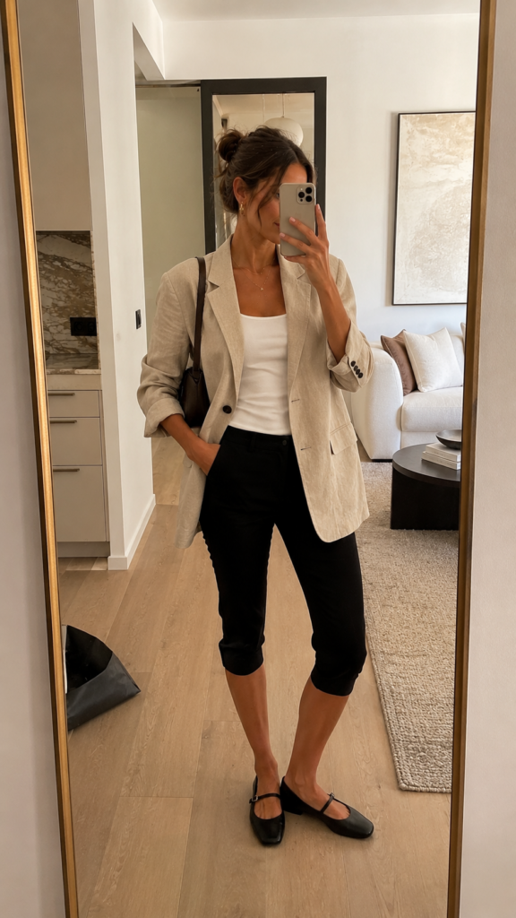 Mirror selfie of a woman wearing black capri pants, a white tank top, beige linen blazer, and ballet flats.