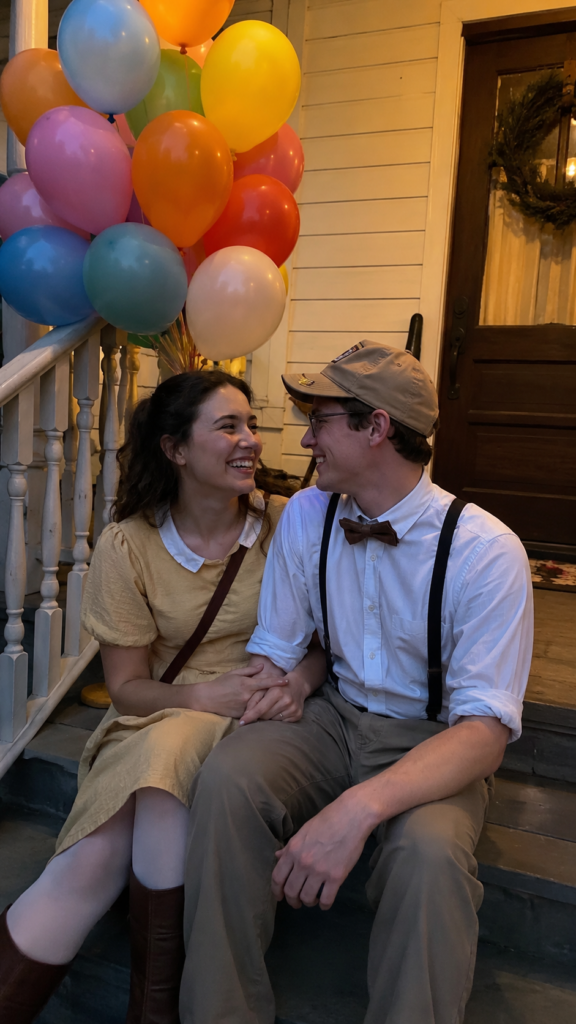 Young couple in vintage adventure outfits with explorer caps and balloons, Up's Carl and Ellie Disney Halloween costume