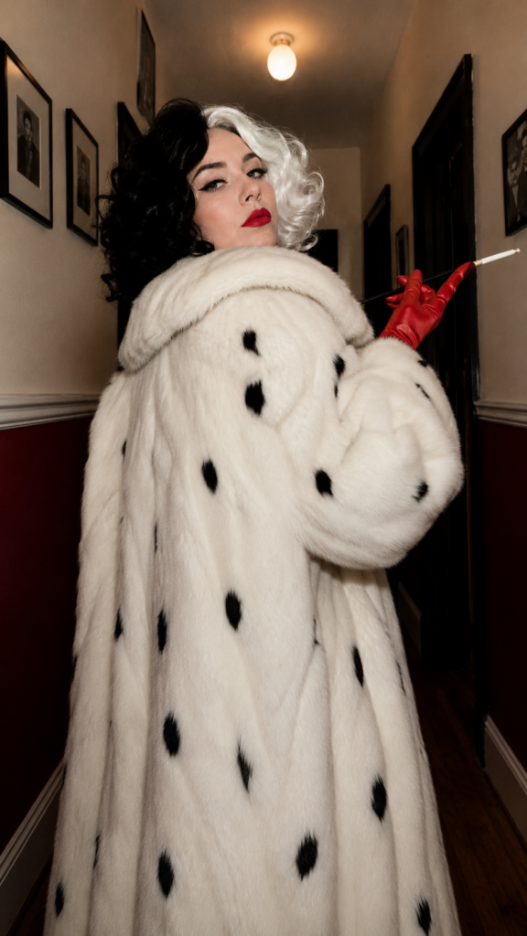 Woman in a long coat with a black-and-white wig posing dramatically, Cruella de Vil Disney Halloween costume
