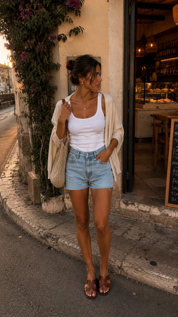 Denim shorts styled with a white tank top and lightweight cream cardigan near a café at golden hour.