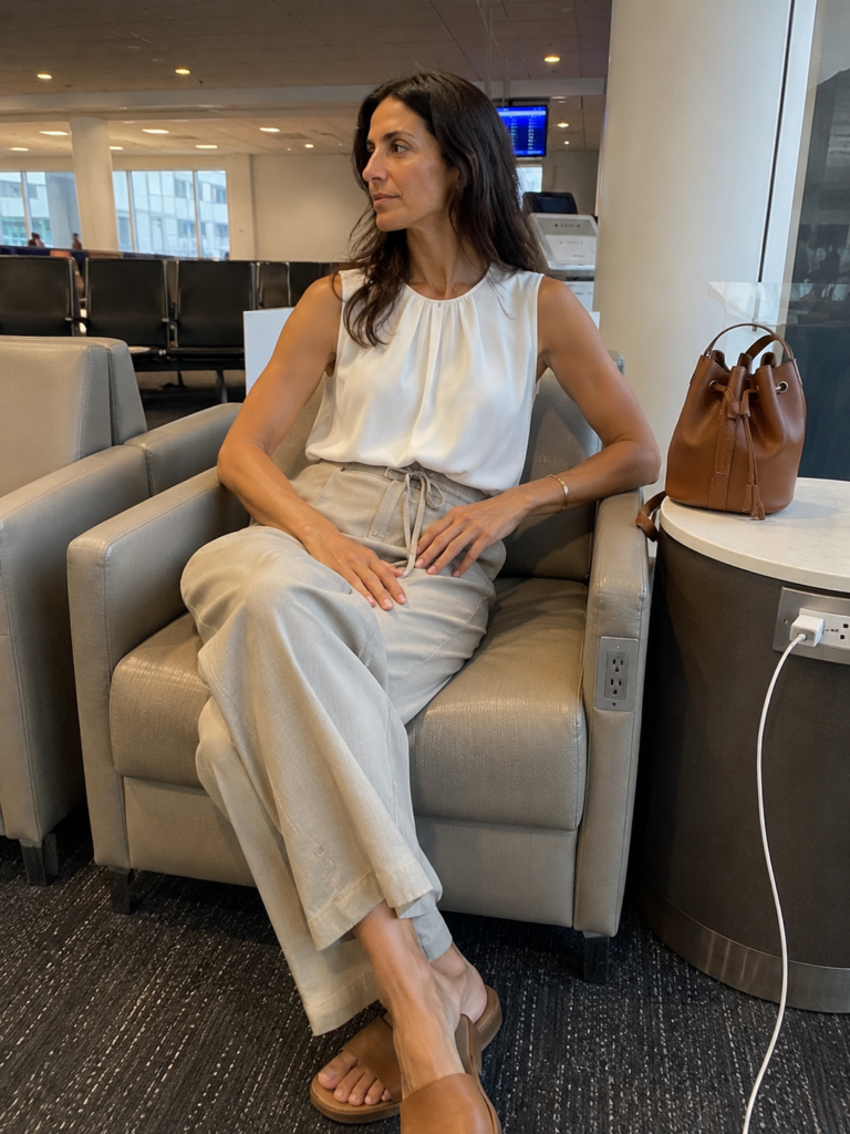 Woman in soft drawstring trousers and a sleeveless blouse sitting in an airport lounge, summer work outfit