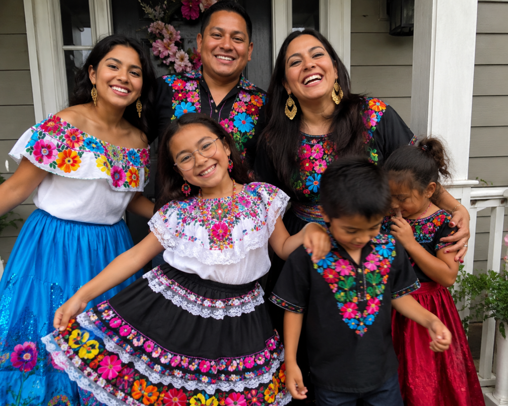 Family in colorful embroidered folk-style outfits on a porch, Encanto-inspired Disney Halloween costume