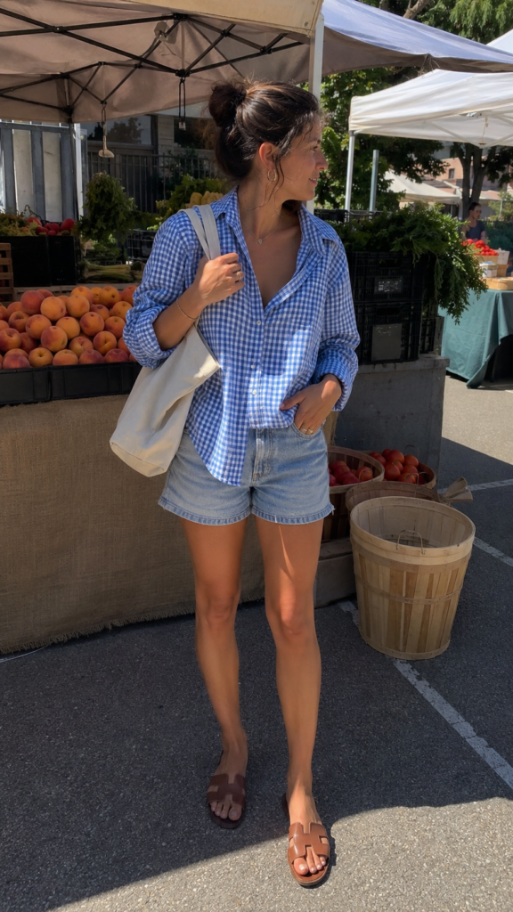Blue gingham button-down shirt styled with denim shorts and brown sandals at a farmers market.