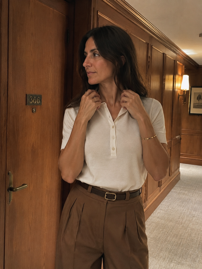 Woman in a cream knit polo and pleated brown trousers in a wood-paneled hallway, summer work outfit