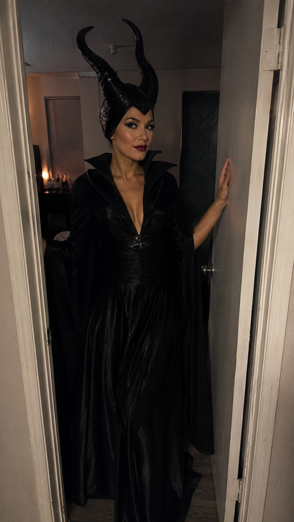 Woman in a black gown with tall horns and dramatic makeup, Maleficent Disney Halloween costume