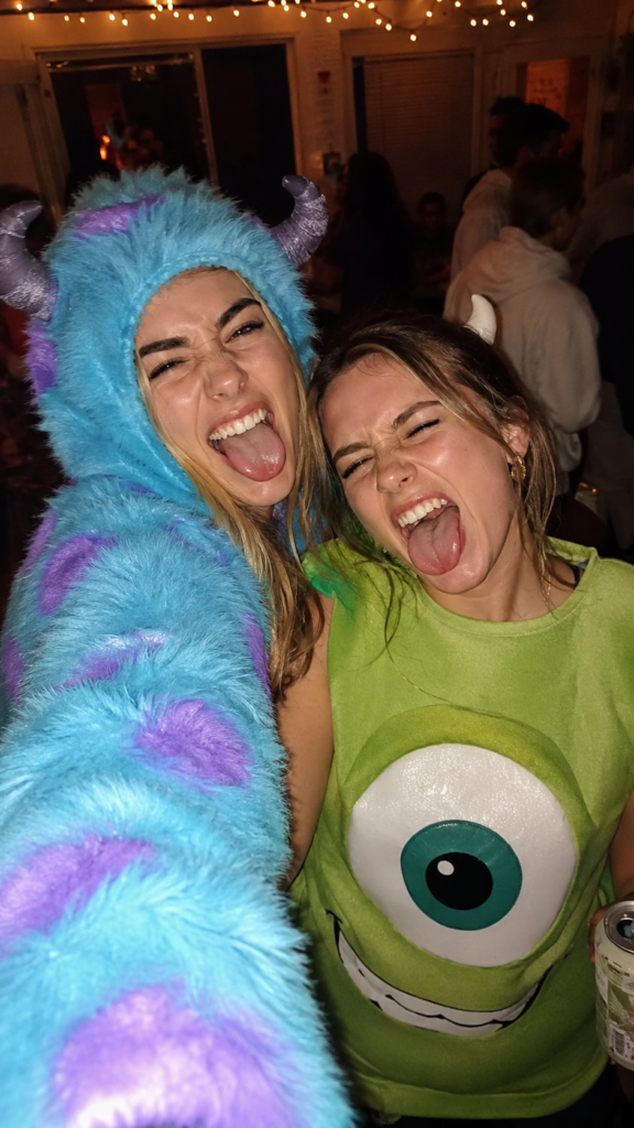 Two friends in a fuzzy blue spotted costume and a round green one-eyed costume, Monsters Inc Disney Halloween costume
