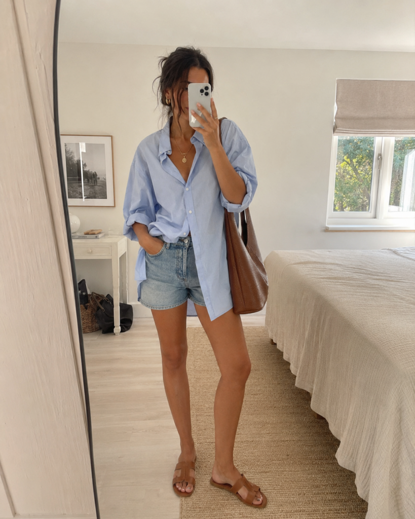 Mirror selfie of a woman wearing an oversized light blue button-down shirt with denim shorts and brown sandals.