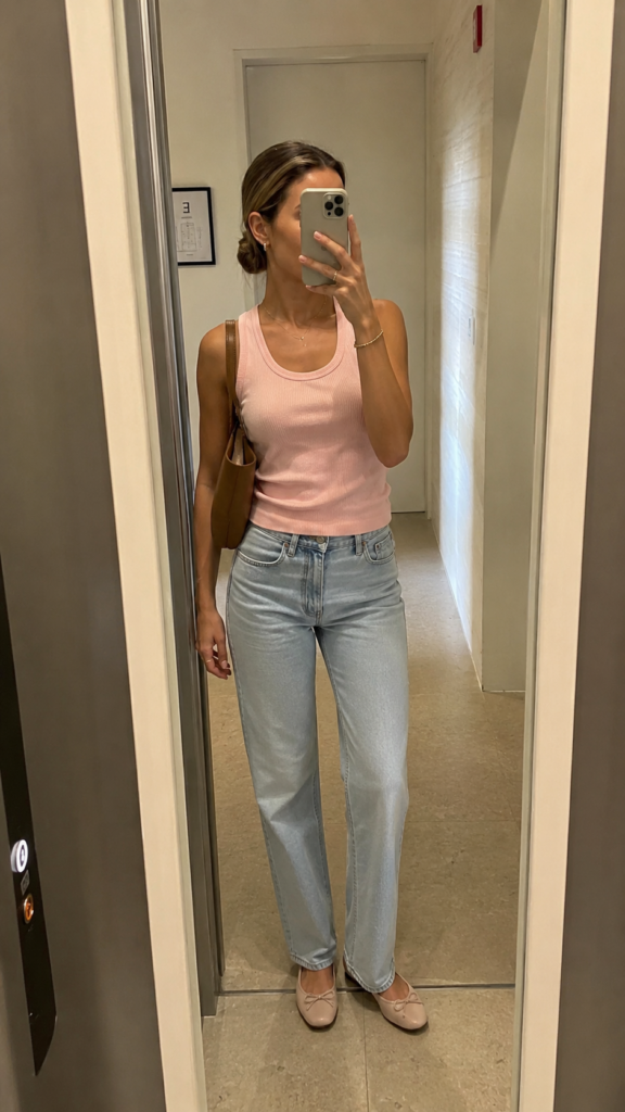 Mirror selfie of a woman wearing a pale pink tank top with light wash jeans and ballet flats.