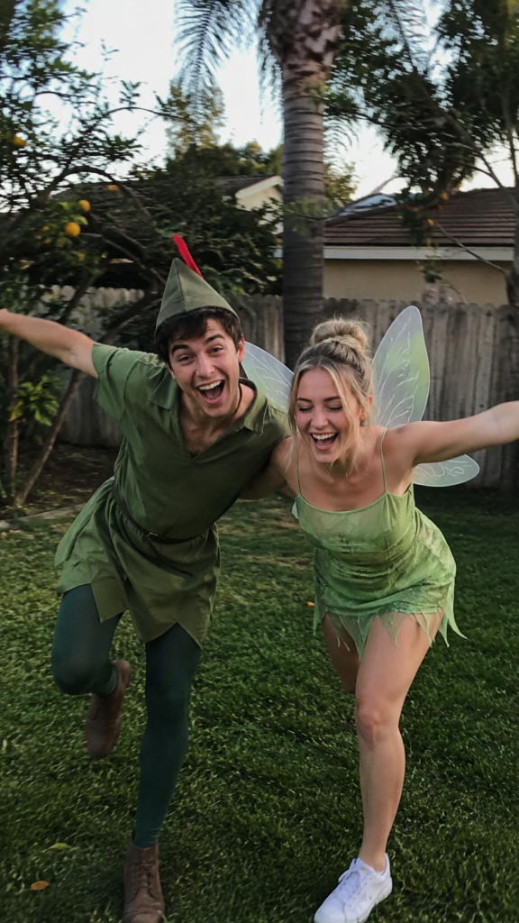 Two friends in a green tunic with a feather cap and a green fairy dress doing a flying pose, Peter Pan and Tinker Bell Disney Halloween costume