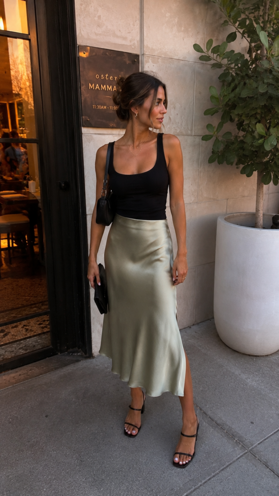 Satin midi skirt styled with a black tank top and low heeled sandals outside a restaurant in the evening.