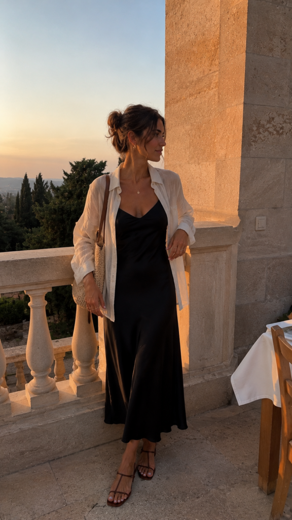 Black slip dress styled with an open white linen shirt and strappy sandals on a terrace at sunset.