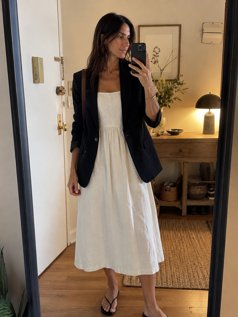 Woman in a cotton sundress and structured blazer taking an entryway mirror selfie, summer work outfit