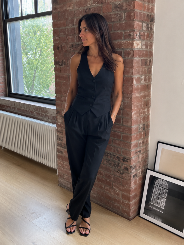 Woman in a tailored black vest and matching trousers against a brick wall, summer work outfit