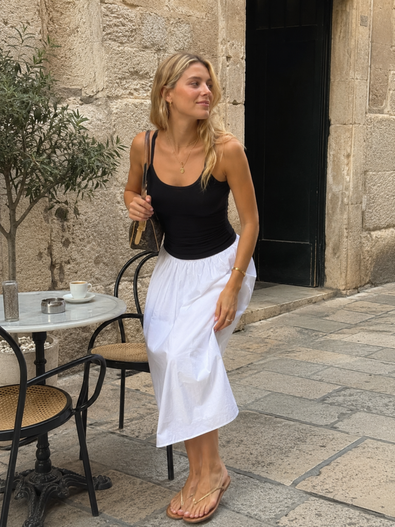 Black tank top styled with a white poplin midi skirt and flat sandals outside a quiet café.