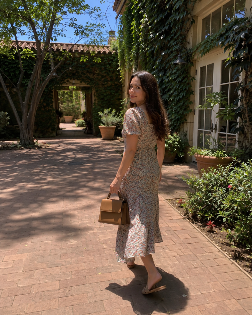 Woman in a muted floral midi dress with a tan handbag walking through a courtyard, summer work outfit
