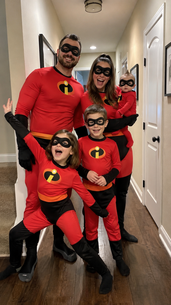Family in matching red superhero suits with eye masks, including a baby, Incredibles Disney Halloween costume