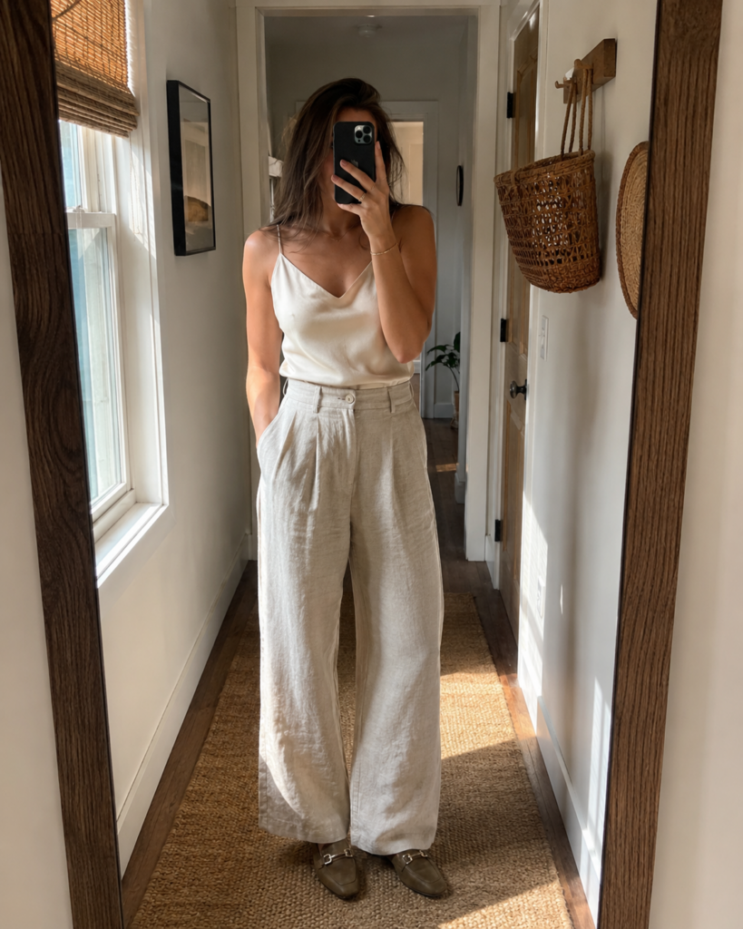 Woman in oatmeal linen trousers and cream silk tank taking a hallway mirror selfie, summer work outfit