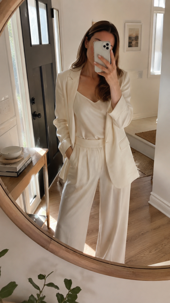 Woman in an all-cream monochrome trouser and blazer outfit taking an entryway mirror selfie, summer work outfit