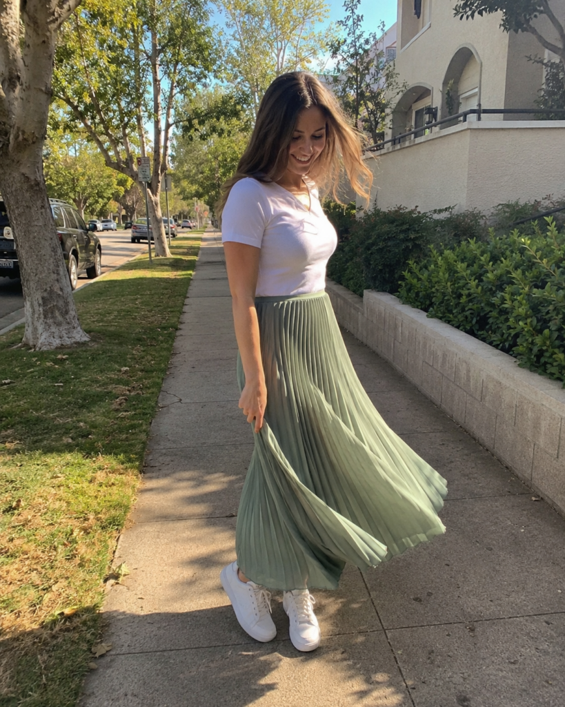 Woman in a sage green pleated midi skirt and white knit tee on a sidewalk, summer work outfit