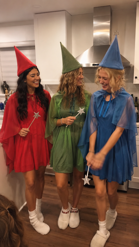 Three friends in matching red, green, and blue fairy dresses and hats, Sleeping Beauty fairies Disney Halloween costume