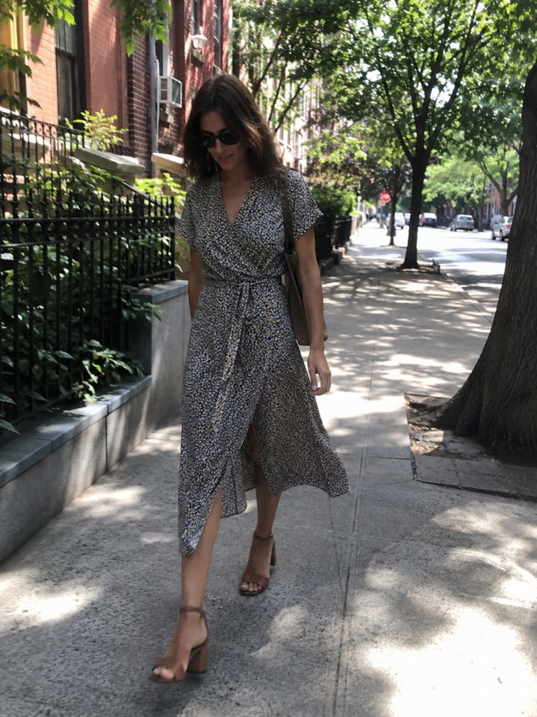 Woman in a small-print jersey wrap dress walking down a tree-lined street, summer work outfit