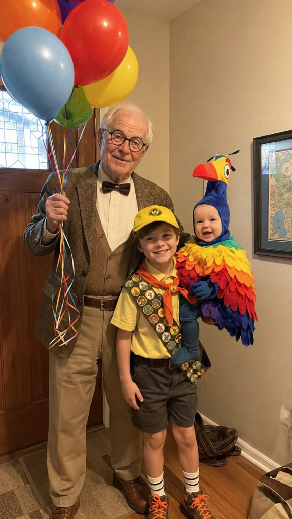 Family with an older man holding balloons, a scout boy, and a baby bird costume, Up Disney Halloween costume