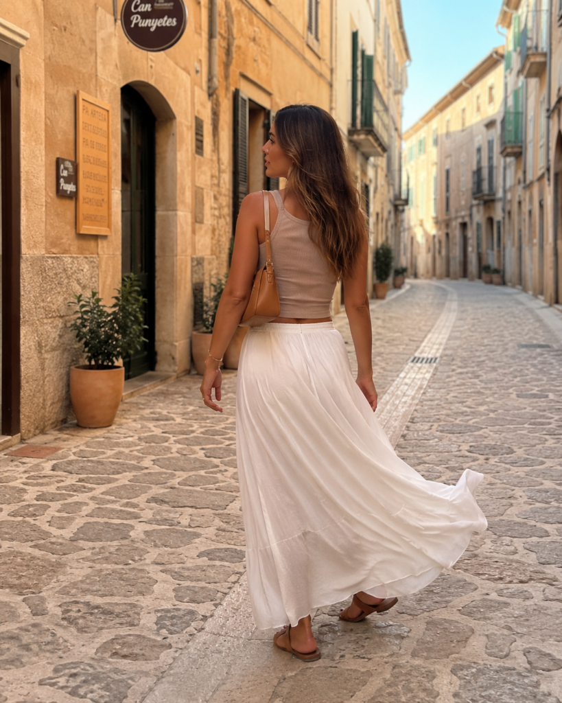 Woman wearing a ribbed tank top with a flowing white maxi skirt and brown sandals on an old town street.