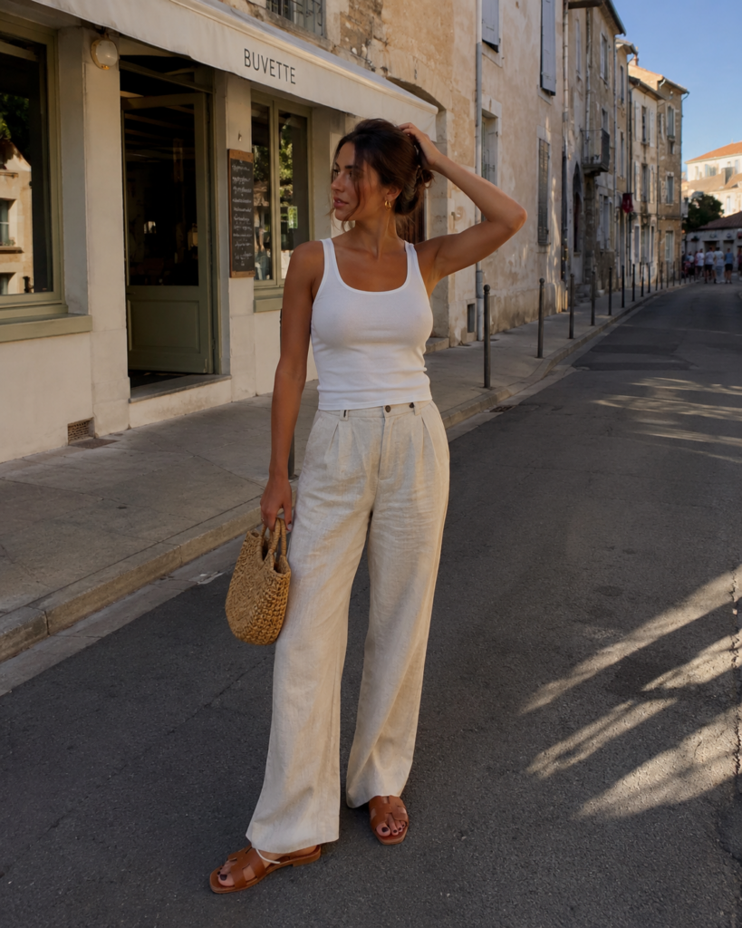 Young woman wearing a white tank top with beige linen trousers and brown sandals on a sunny street.
