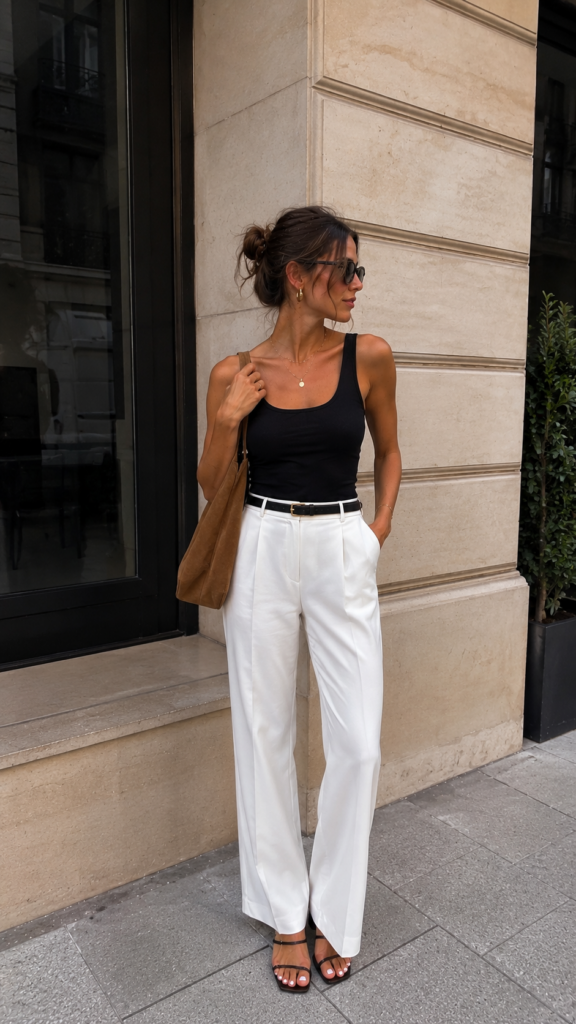 White trousers styled with a black fitted tank top, brown shoulder bag, and black sandals in a clean city setting.