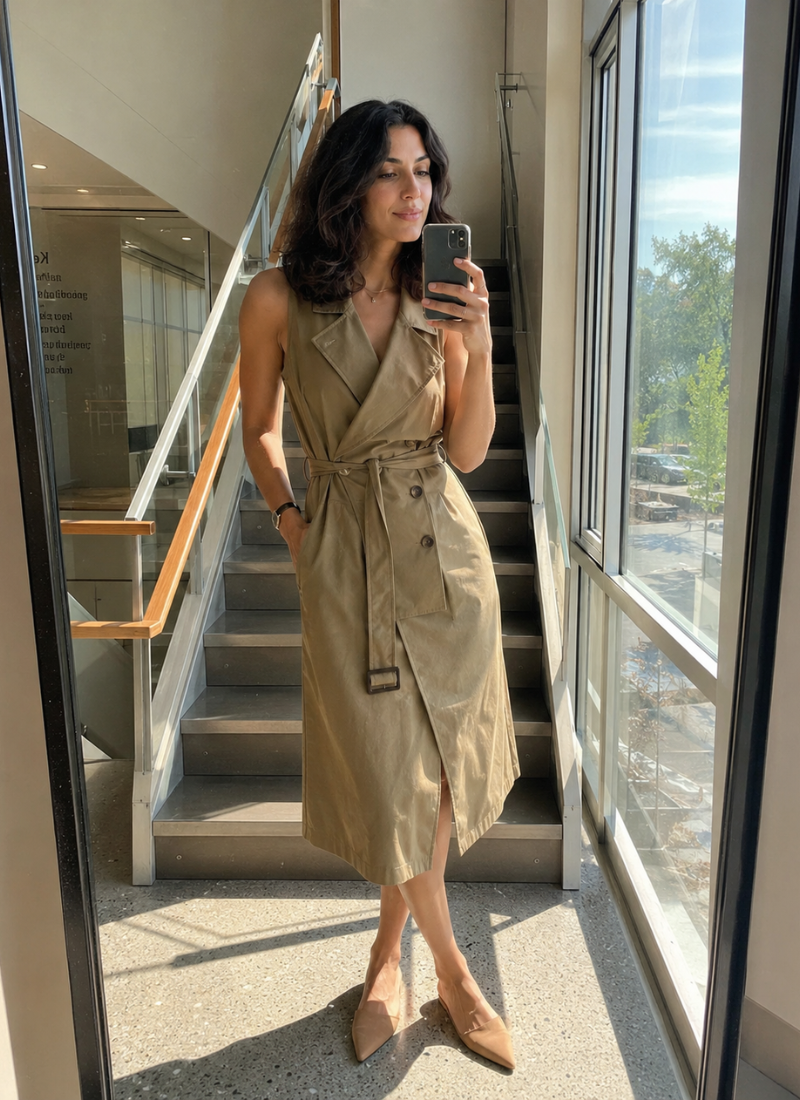 Woman in a belted khaki sleeveless trench midi dress and tan mules taking an office stairwell mirror selfie, summer work outfit