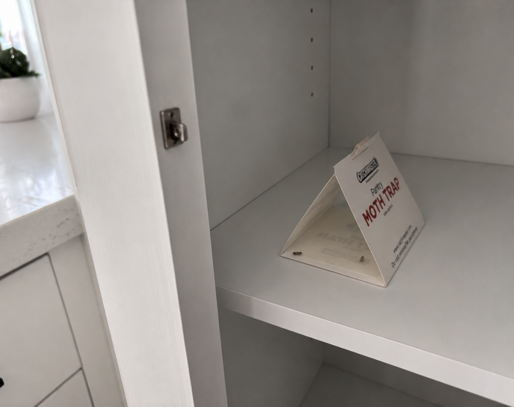 Cardboard pheromone pantry moth trap on an empty shelf with moths caught inside