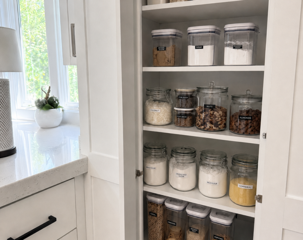 Organized pantry with dry goods stored in airtight glass and plastic containers to prevent pantry moths
