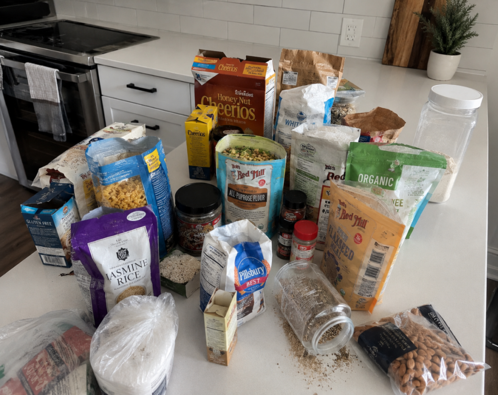 Dry goods removed from the pantry and piled on the counter while checking for pantry moths
