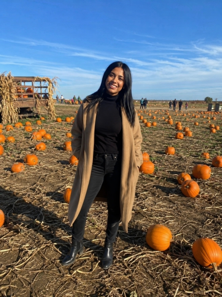 All black outfit with camel coat at the pumpkin patch