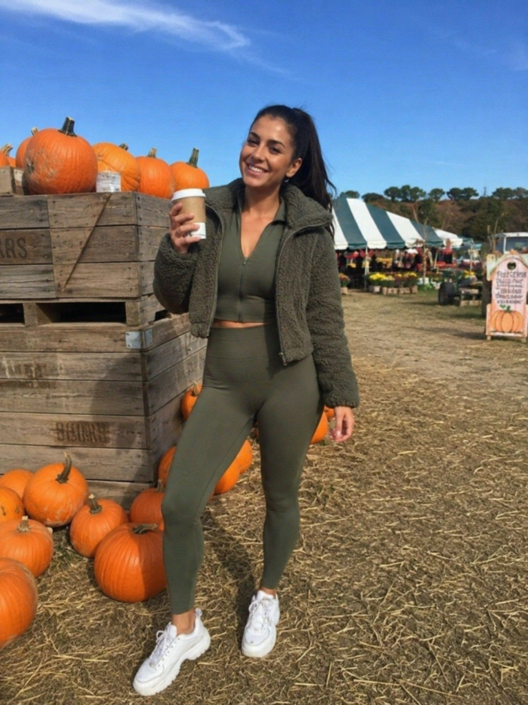 Olive matching lounge set and teddy jacket pumpkin patch outfit