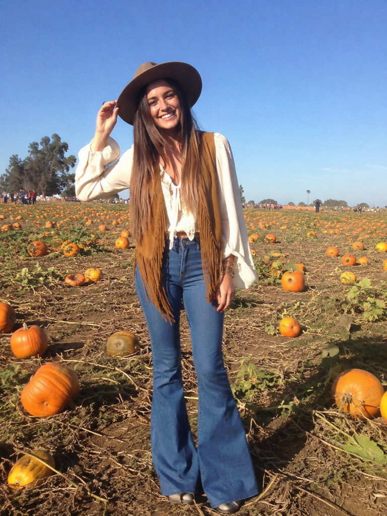 Boho fringe vest and wide-brim felt hat pumpkin patch outfit
