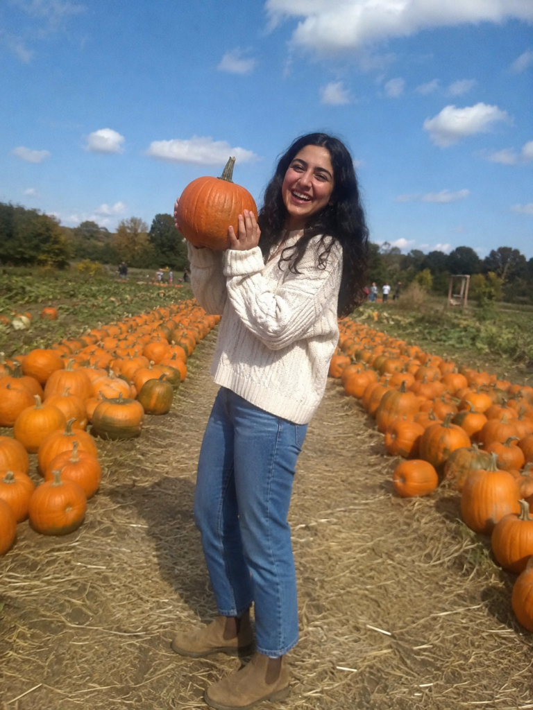 Cream chunky knit sweater, blue jeans and tan Chelsea boots pumpkin patch outfit