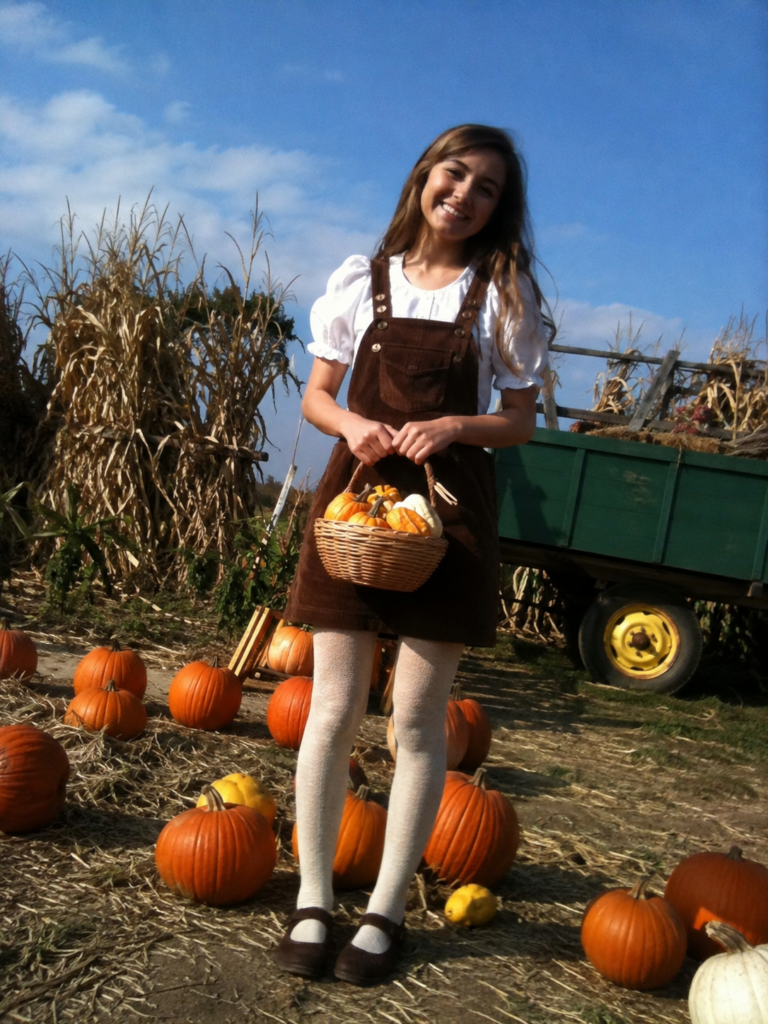Cottagecore pinafore and puff sleeve blouse pumpkin patch outfit