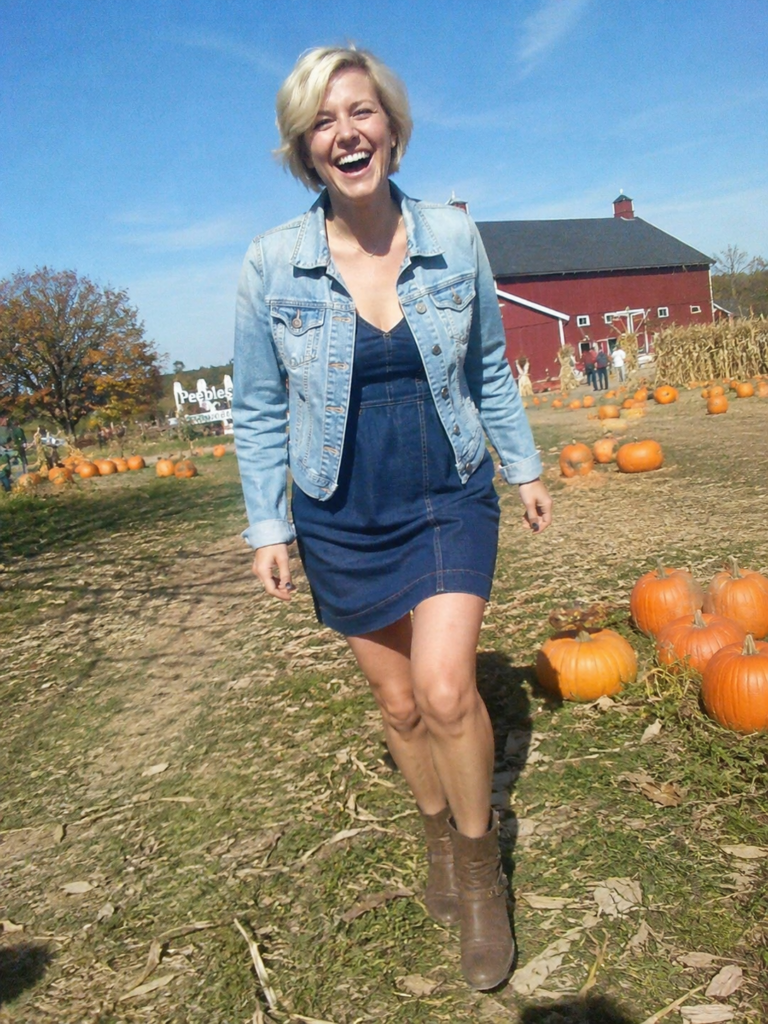 Head-to-toe denim jacket and denim dress pumpkin patch outfit