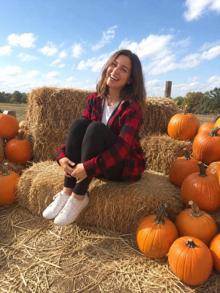 Oversized buffalo check flannel and leggings pumpkin patch outfit